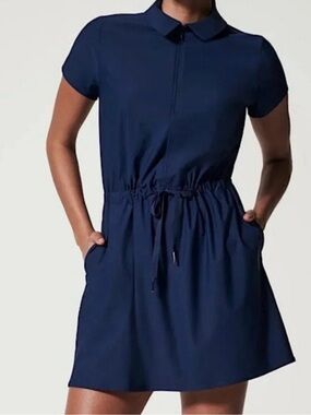 SPANX Navy Sunshine Short Collared Stretch Drawstring Waist Pockets Dress Size L